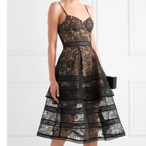 Self-Portrait Lace Midi Dress Black Nude Guipure Tiered Bustier Size 8